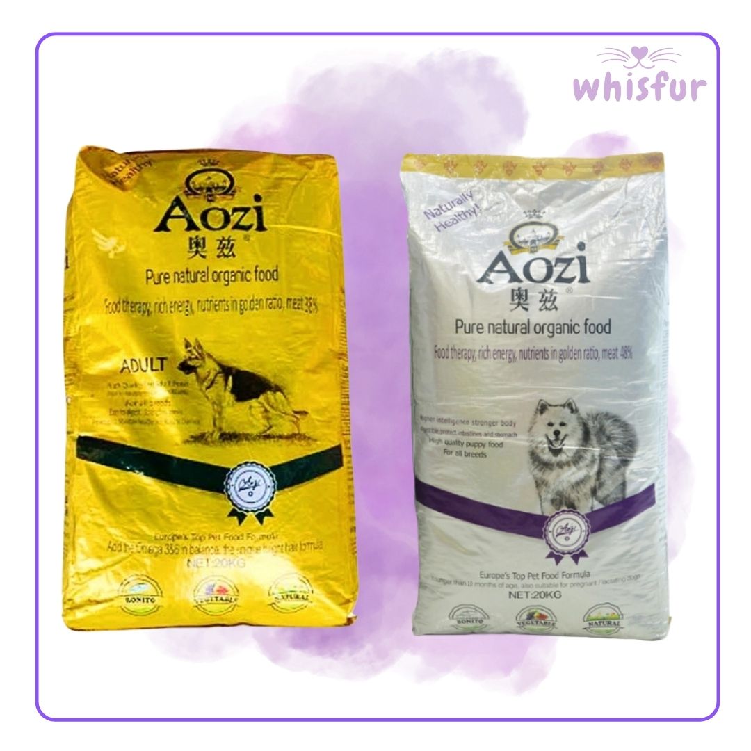 Two packages of Aozi pure natural organic dog food on a purple background with 'whisfur' branding.