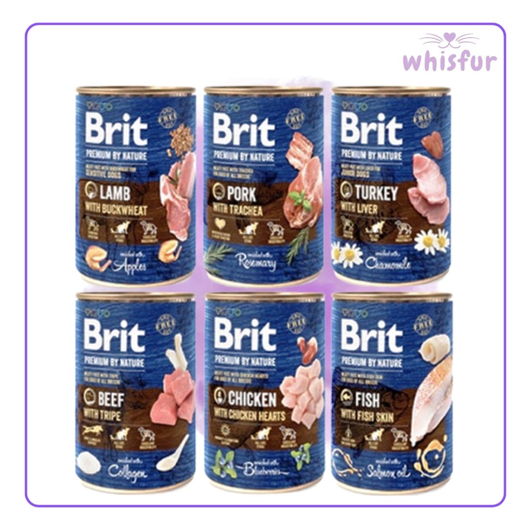 Six cans of Brit dog food with different flavors on a white background, branded 'whisfur'.