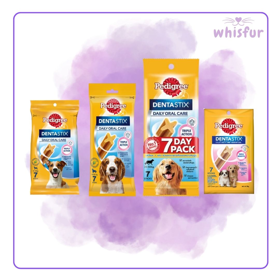 Pedigree dental care products on a purple background with 'whisfur' branding.