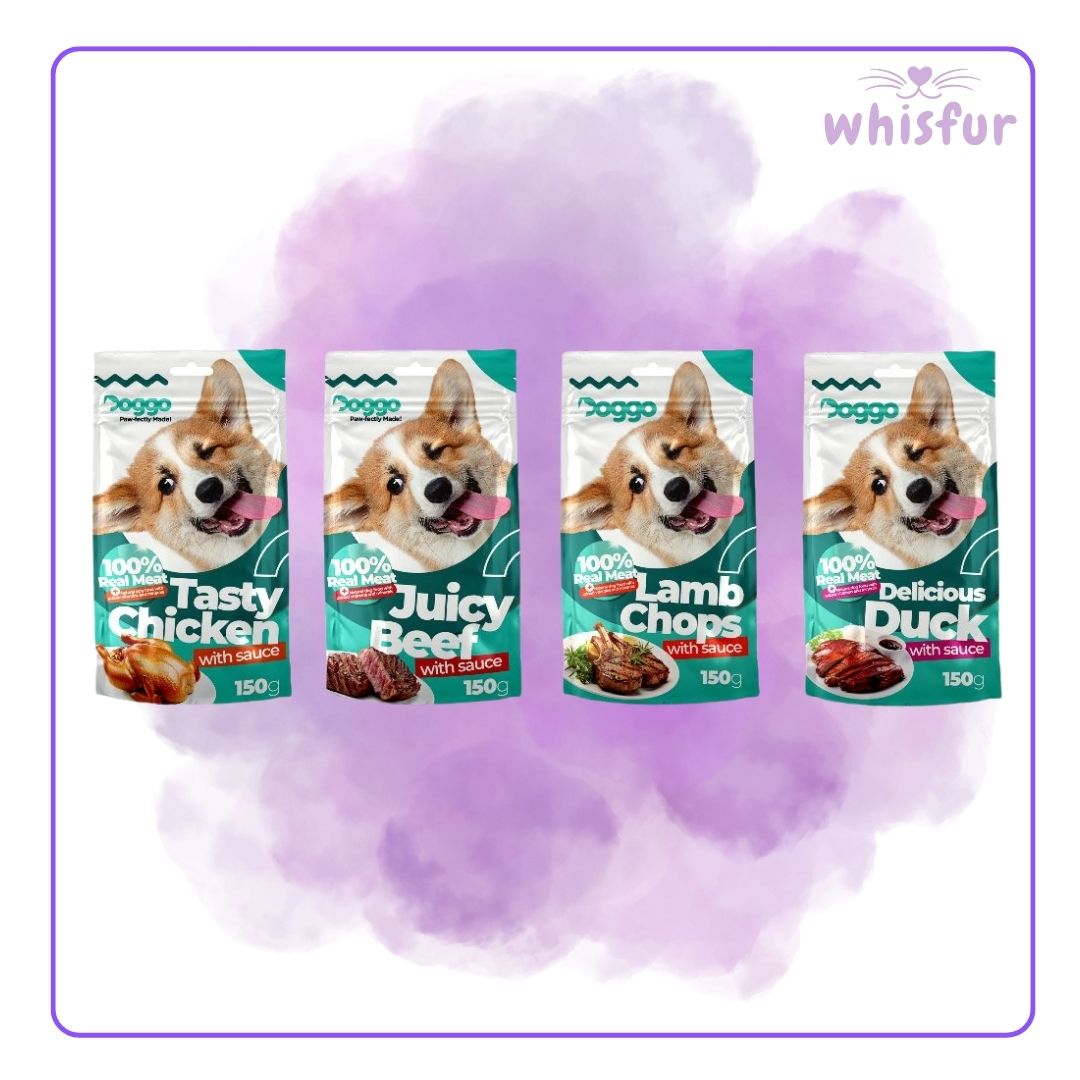 Four packages of Doggo dog wet food with different flavors on a purple background, featuring the brand 'whisfur'.