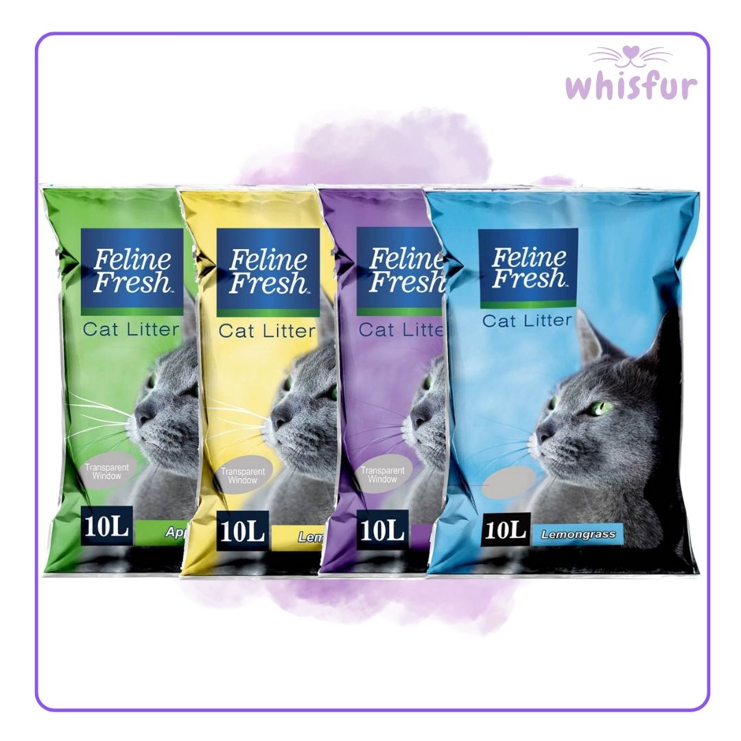 Four packages of Feline Fresh cat litter with different scents, colors, and designs, branded 'whisfur'.
