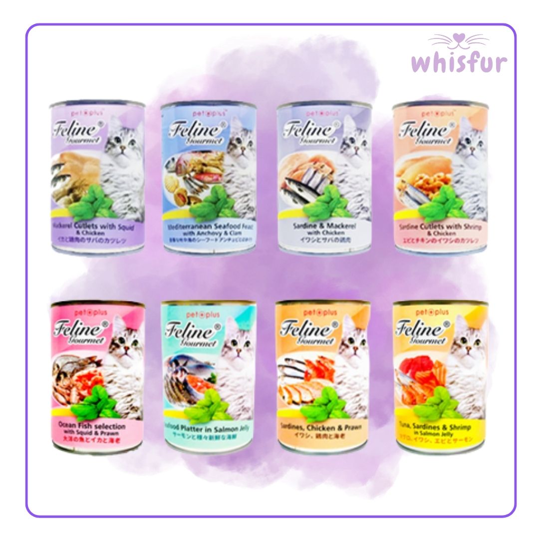 Assorted cans of Feline Gourmet cat food with visible 'whisfur' branding.