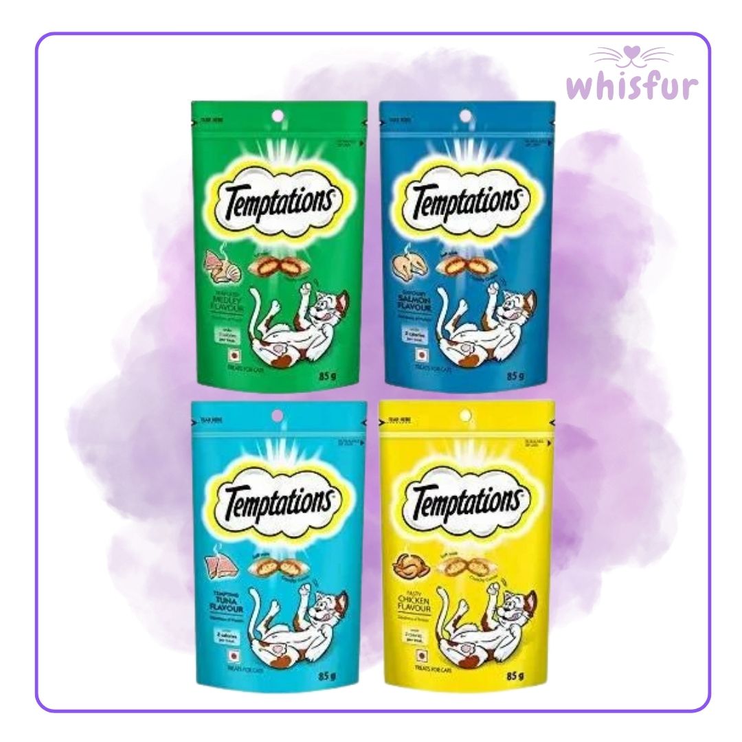 An Image of Temptations Cat Treat (pouch)75g product in different flavors with the logo of Whisfur Pet Supplies at the upper right corner.