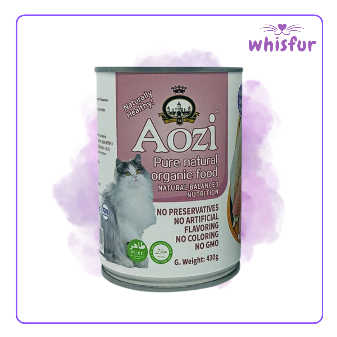 An Image of Aozi Wet food for Cats (can)430g ocean fish with the logo of Whisfur Pet Supplies at the upper right corner.