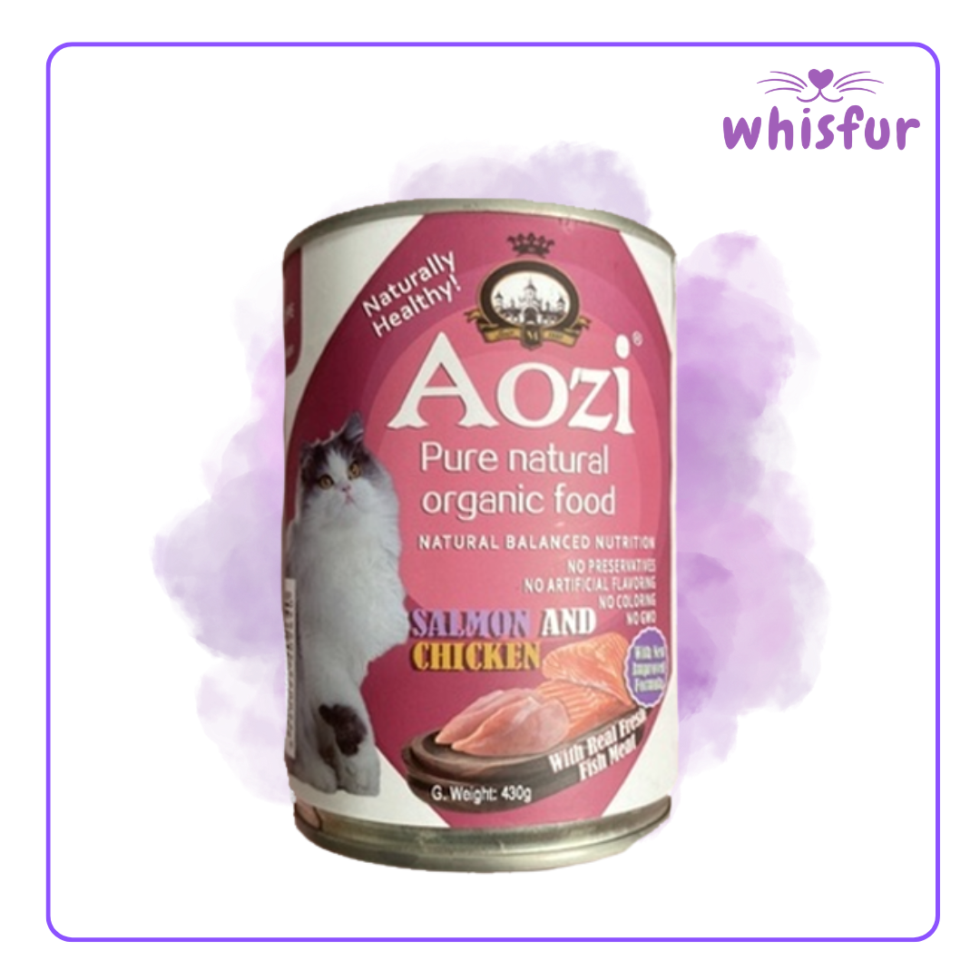An Image of Aozi Wet food for Cats (can)430g salmon and chicken with the logo of Whisfur Pet Supplies at the upper right corner.