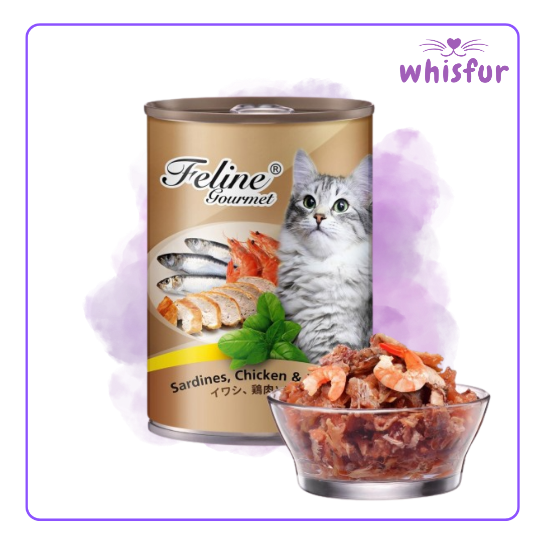 An Image of Feline Gourmet Wet Food for Cats (can)400g sardine chicken and prawn with the logo of Whisfur Pet Supplies at the upper right corner.