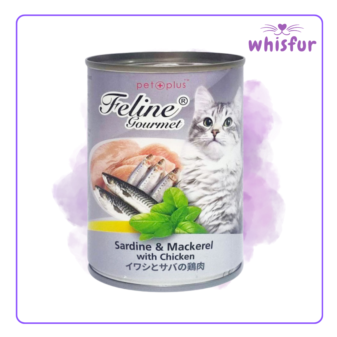 An Image of Feline Gourmet Wet Food for Cats (can)400g sardine and mackerel with the logo of Whisfur Pet Supplies at the upper right corner.