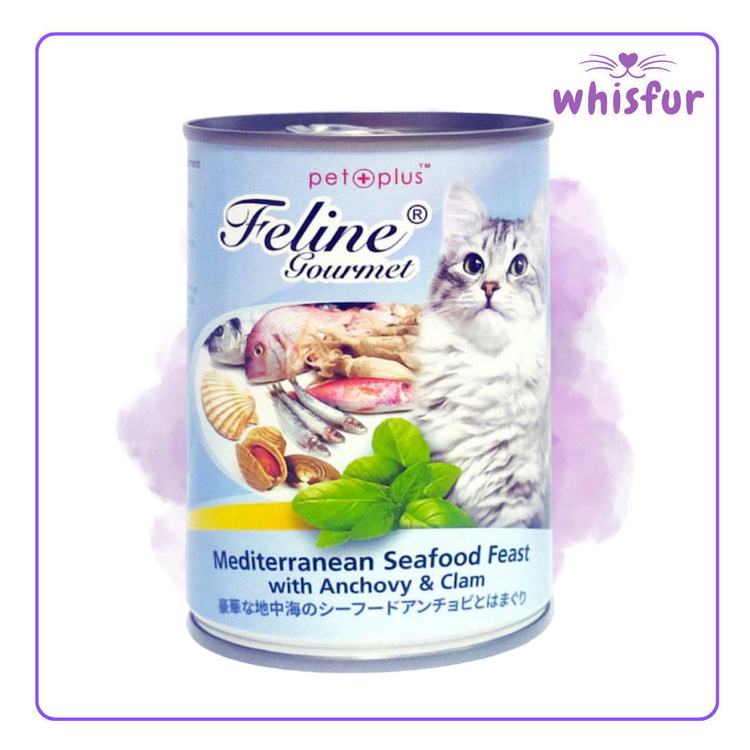 An Image of Feline Gourmet Wet Food for Cats (can)400g seafood anchovy and clam with the logo of Whisfur Pet Supplies at the upper right corner.