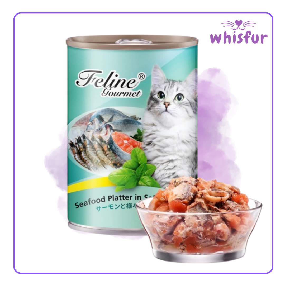 An Image of Feline Gourmet Wet Food for Cats (can)400g seafood platter in salmon in jelly with the logo of Whisfur Pet Supplies at the upper right corner.