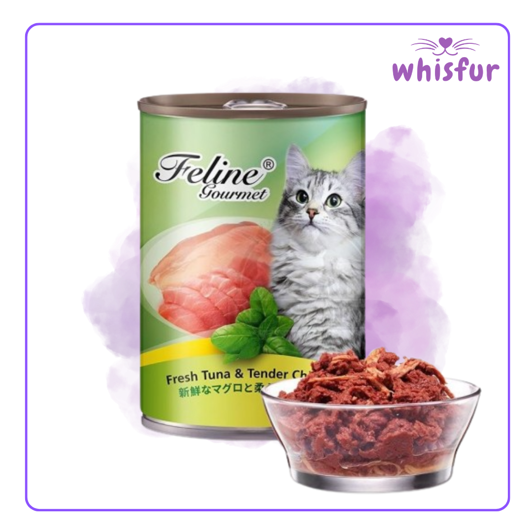 An Image of Feline Gourmet Wet Food for Cats (can)400g tuna tender chicken with the logo of Whisfur Pet Supplies at the upper right corner.