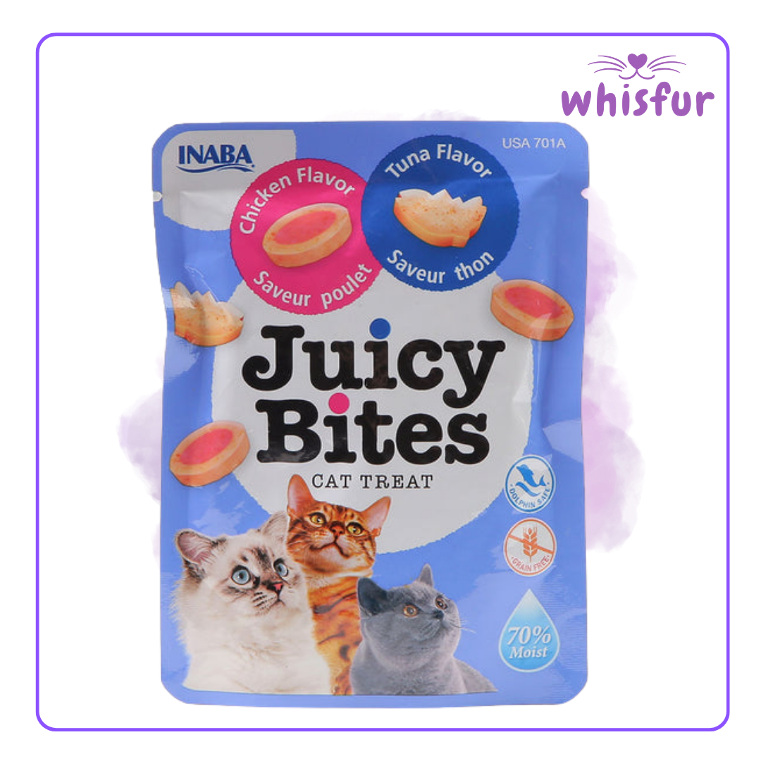 An Image of Juicy Bites Cat Treat (pouch)11g chicken and tuna with the logo of Whisfur Pet Supplies at the upper right corner.