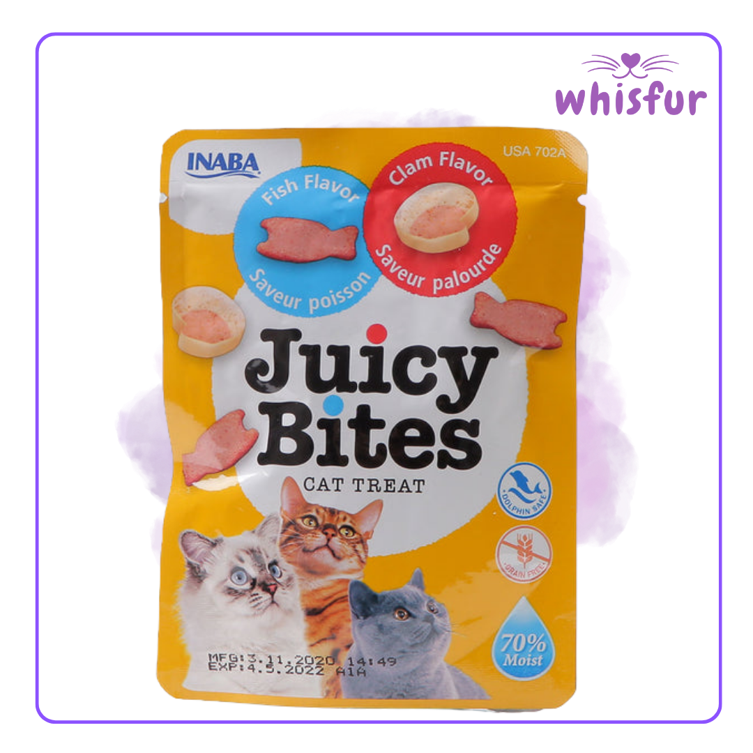 An Image of Juicy Bites Cat Treat (pouch)11g fish and clam with the logo of Whisfur Pet Supplies at the upper right corner.