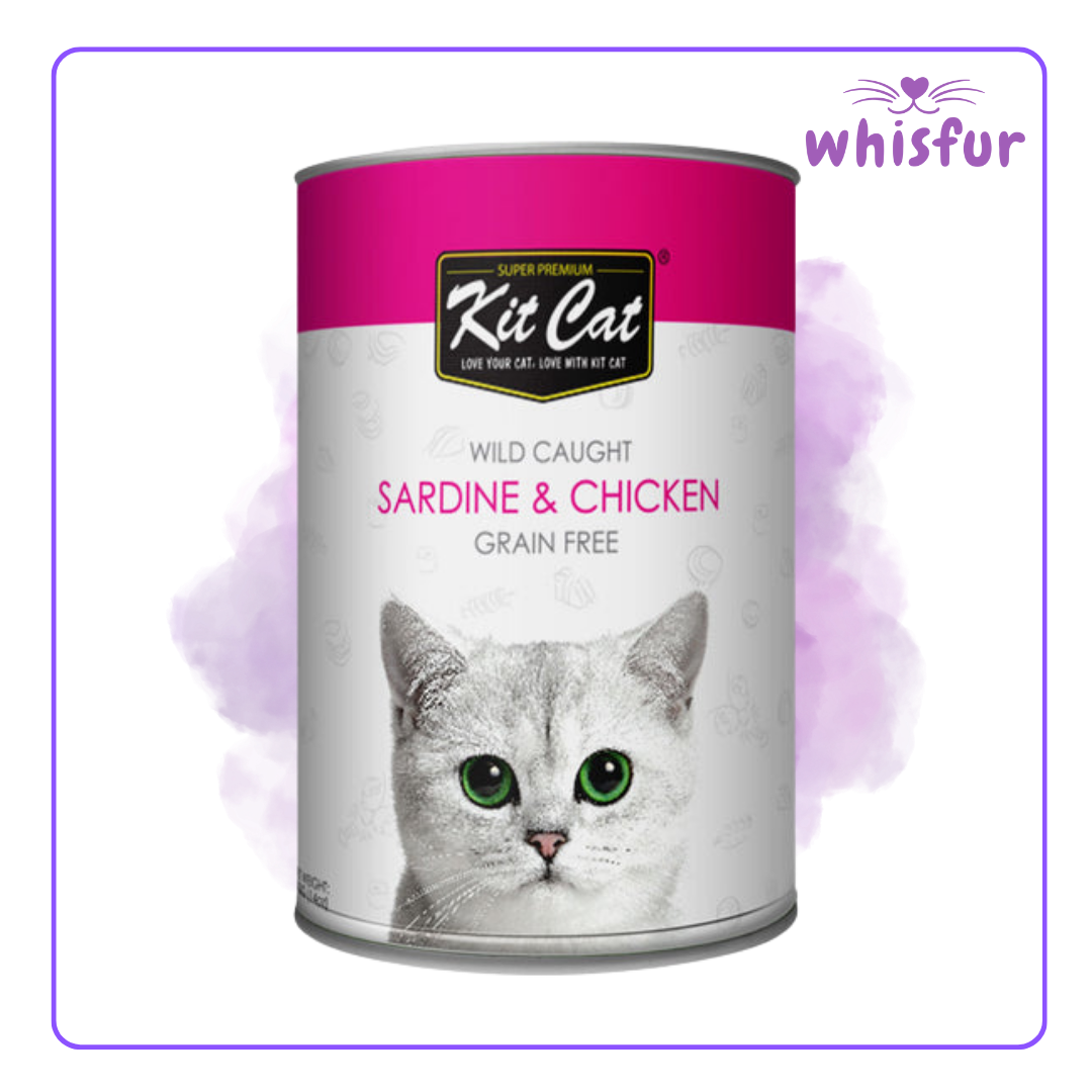 An Image of Kitcat Wet Food for Cats (can)400g sardine and chicken with the logo of Whisfur Pet Supplies at the upper right corner.