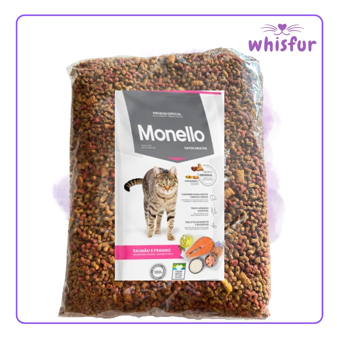 An Image of Monello Dry Food For Cats 1 Pack 1000G Adult with the logo of Whisfur Pet Supplies at the upper right corner.