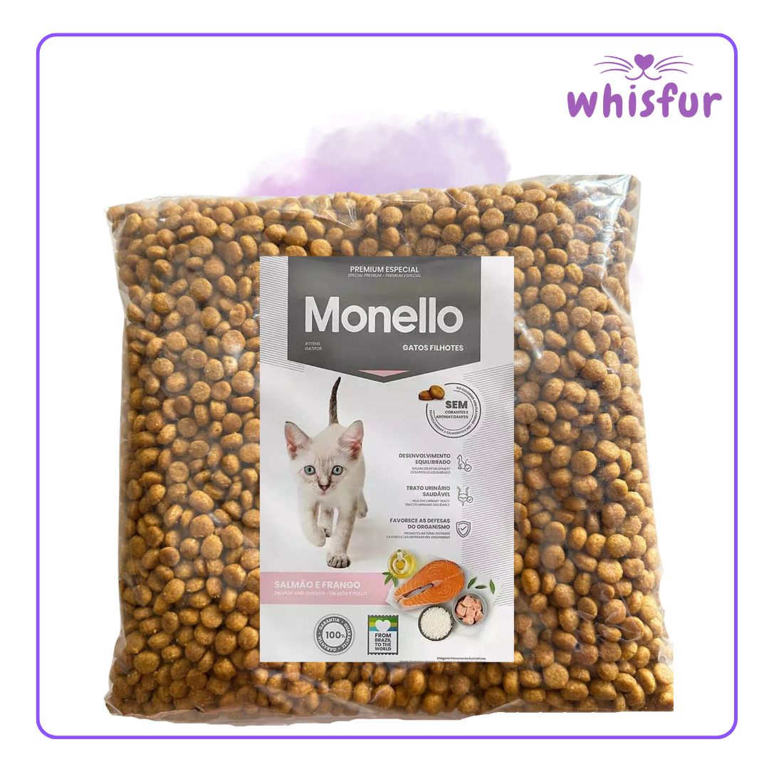 Bag of Monello cat food with a visible brand logo on a white background