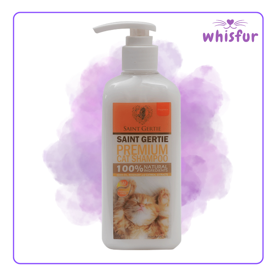 Saint Gertie Premium Cat Shampoo bottle with a purple cloud background and 'Whisfur' branding.