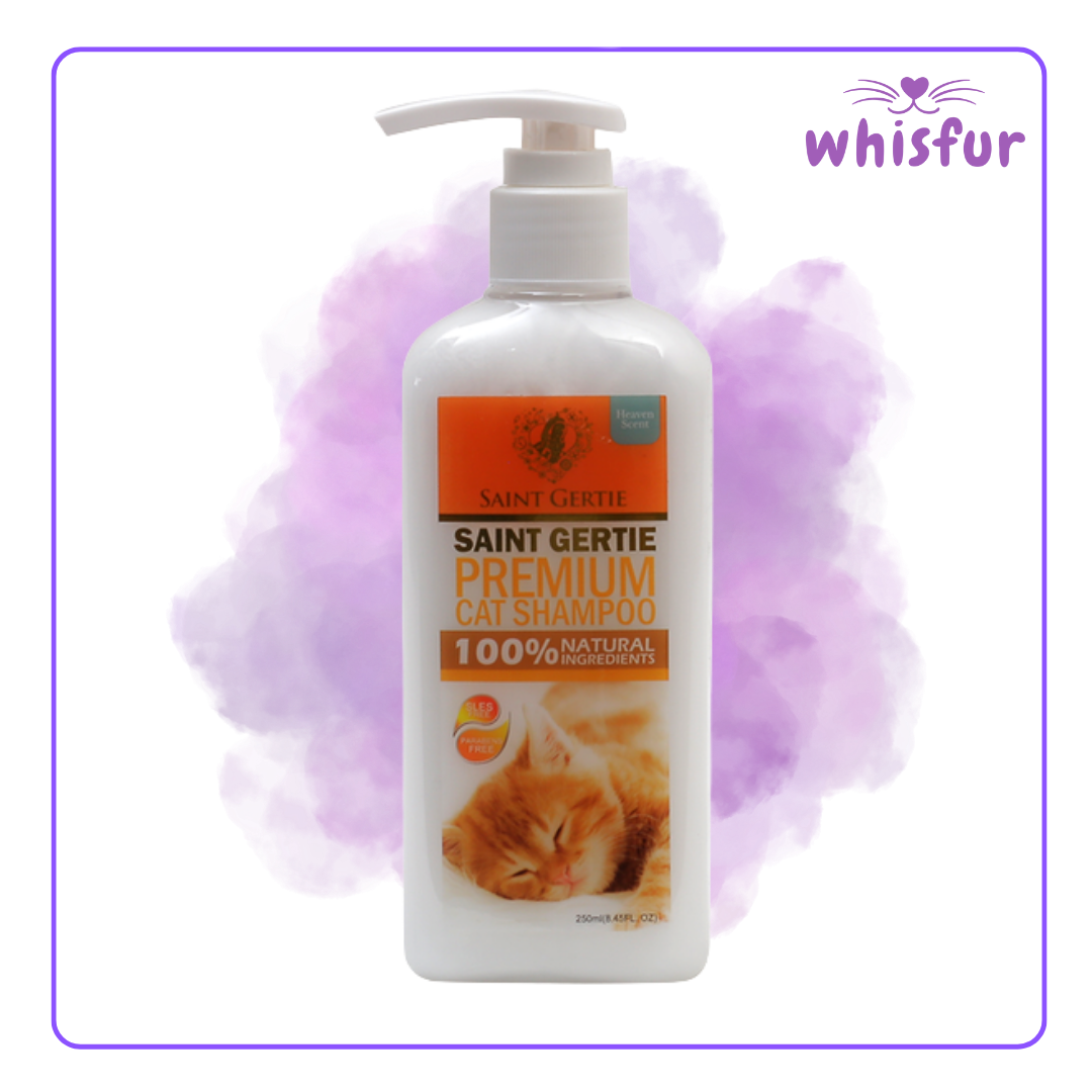 Saint Gerte Premium Cat Shampoo bottle with a cat on the label against a white background, branded 'whisfur'.