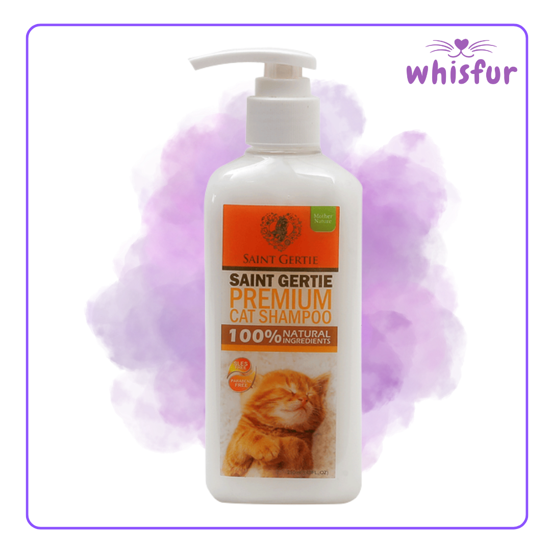Saint Gertie Premium Cat Shampoo bottle with a purple cloud background and 'Whisfur' branding.