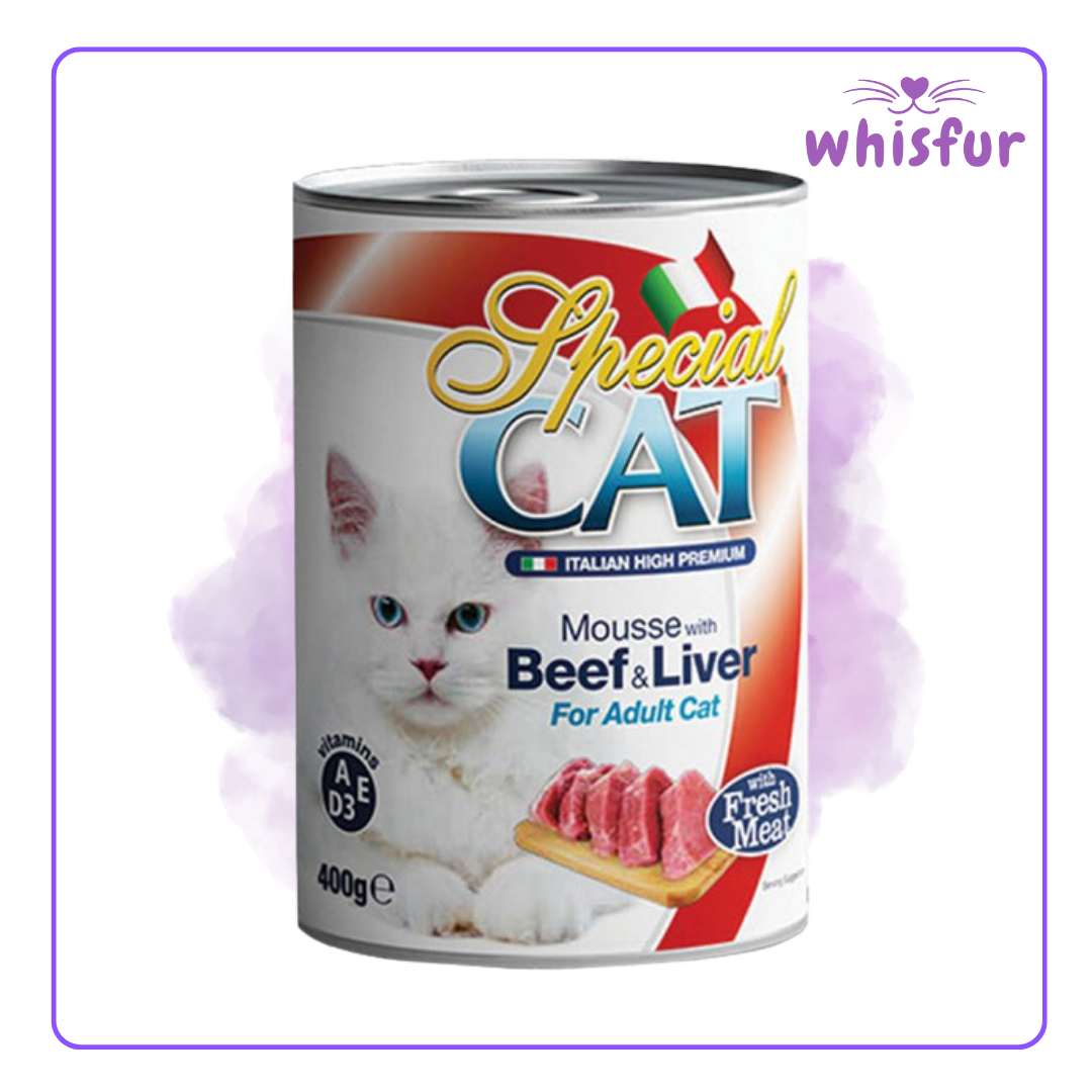 An Image of Special Cat Wet Food for Cats (can)400g beef and liver with the logo of Whisfur Pet Supplies at the upper right corner.