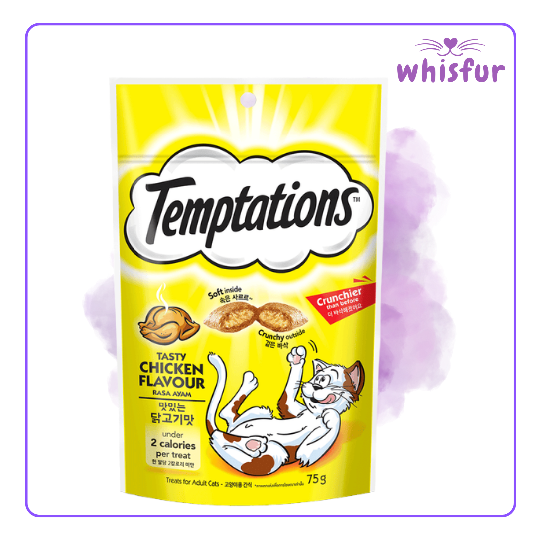 An Image of Temptations Cat Treat (pouch)75g chicken with the logo of Whisfur Pet Supplies at the upper right corner.