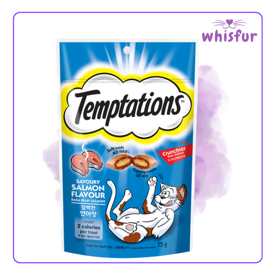An Image of Temptations Cat Treat (pouch)75g salmon with the logo of Whisfur Pet Supplies at the upper right corner.
