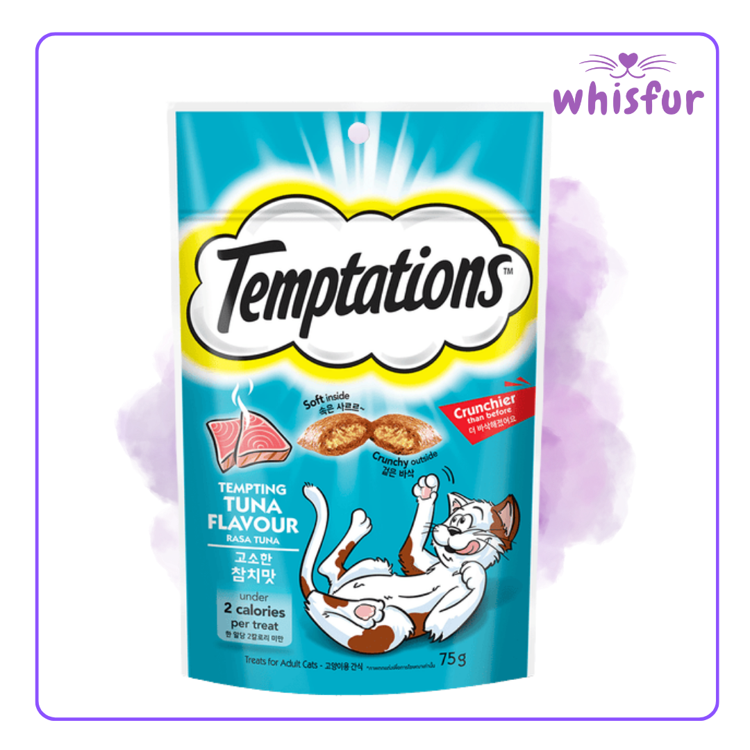 An Image of Temptations Cat Treat (pouch)75g tuna with the logo of Whisfur Pet Supplies at the upper right corner.