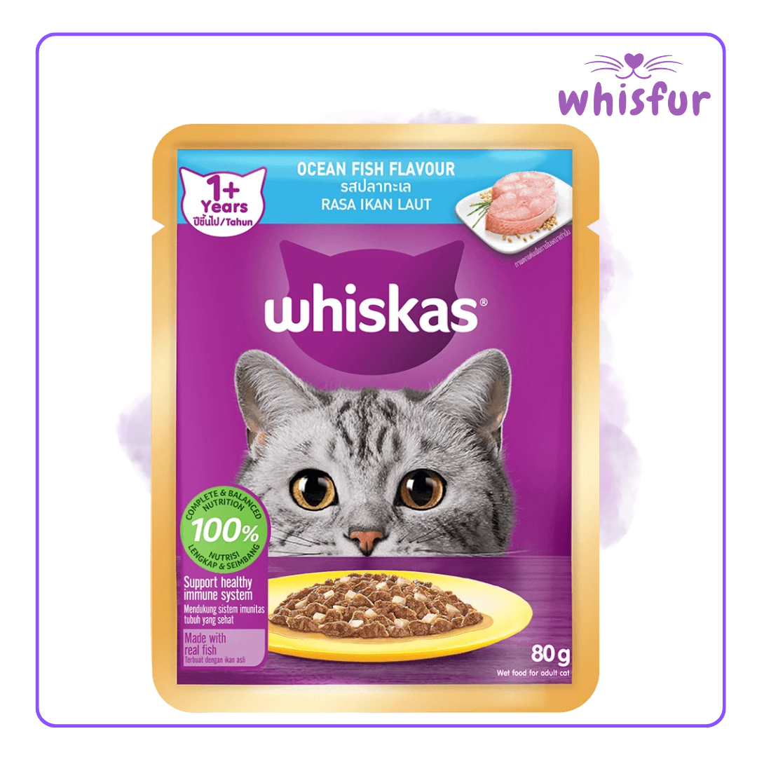 An Image of Whiskas Wet Food for Cats in pouch (pouch)80g ocean fish with the logo of Whisfur Pet Supplies at the upper right corner.