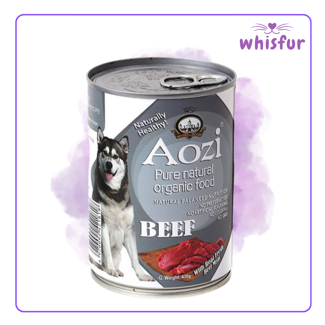 An Image of Aozi Wet food for Dogs (can)430g beef with the logo of Whisfur Pet Supplies at the upper right corner.