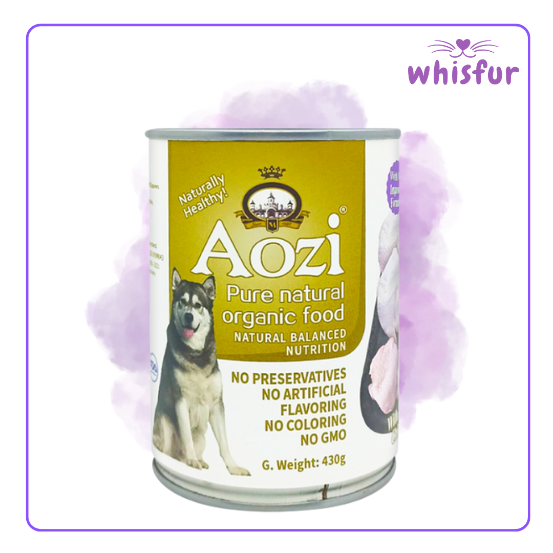 An Image of Aozi Wet food for Dogs (can)430g chicken with the logo of Whisfur Pet Supplies at the upper right corner.