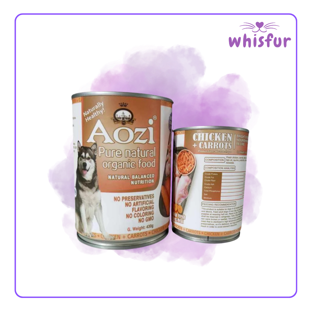 An Image of Aozi Wet food for Dogs (can)430g chicken and carrots with the logo of Whisfur Pet Supplies at the upper right corner.