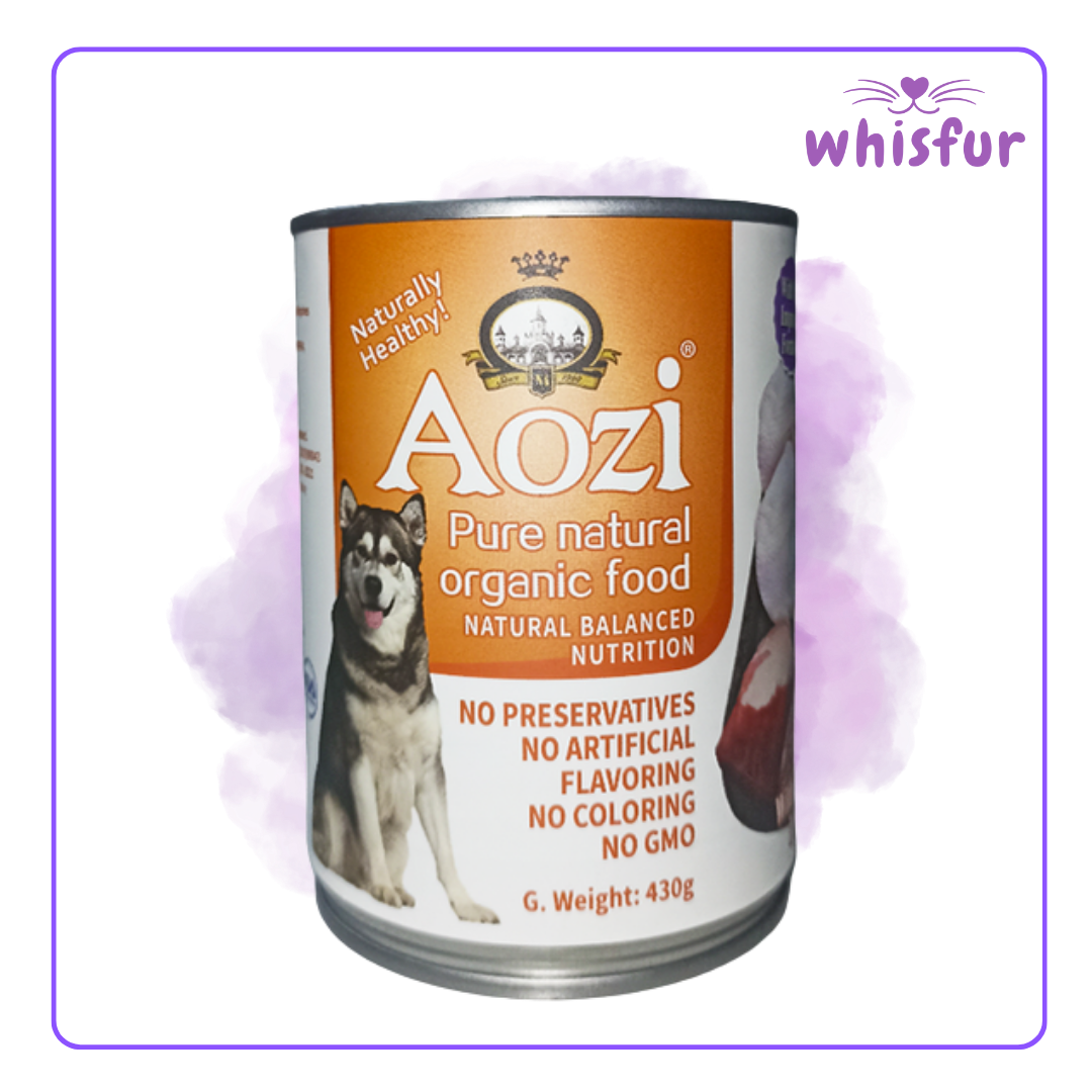 An Image of Aozi Wet food for Dogs (can)430g chicken and liver with the logo of Whisfur Pet Supplies at the upper right corner.