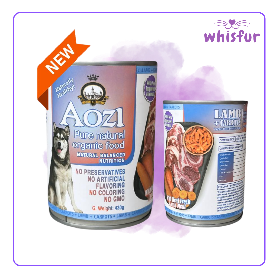 An Image of Aozi Wet food for Dogs (can)430g lamb and carrots with the logo of Whisfur Pet Supplies at the upper right corner.