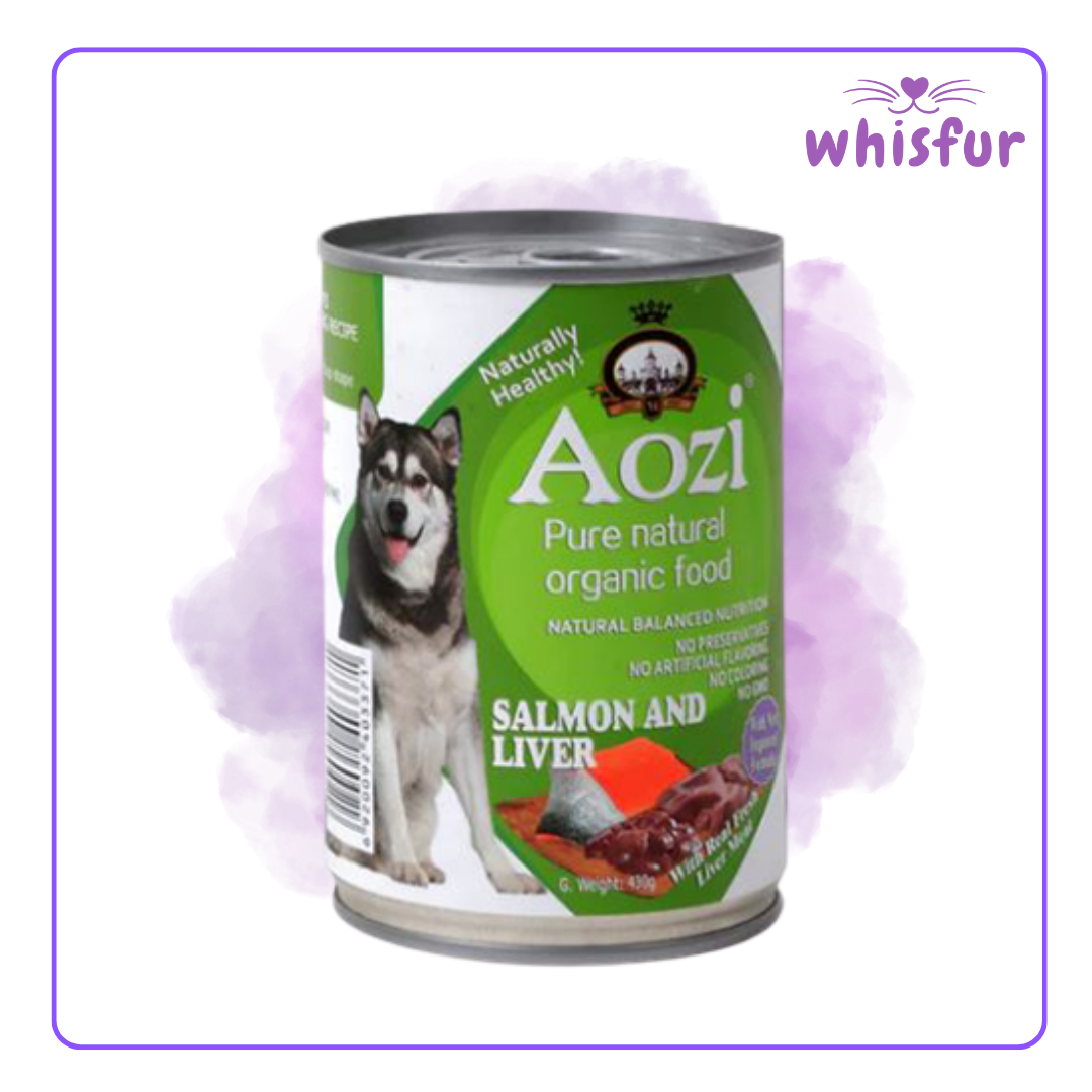 An Image of Aozi Wet food for Dogs (can)430g salmon and liver with the logo of Whisfur Pet Supplies at the upper right corner.