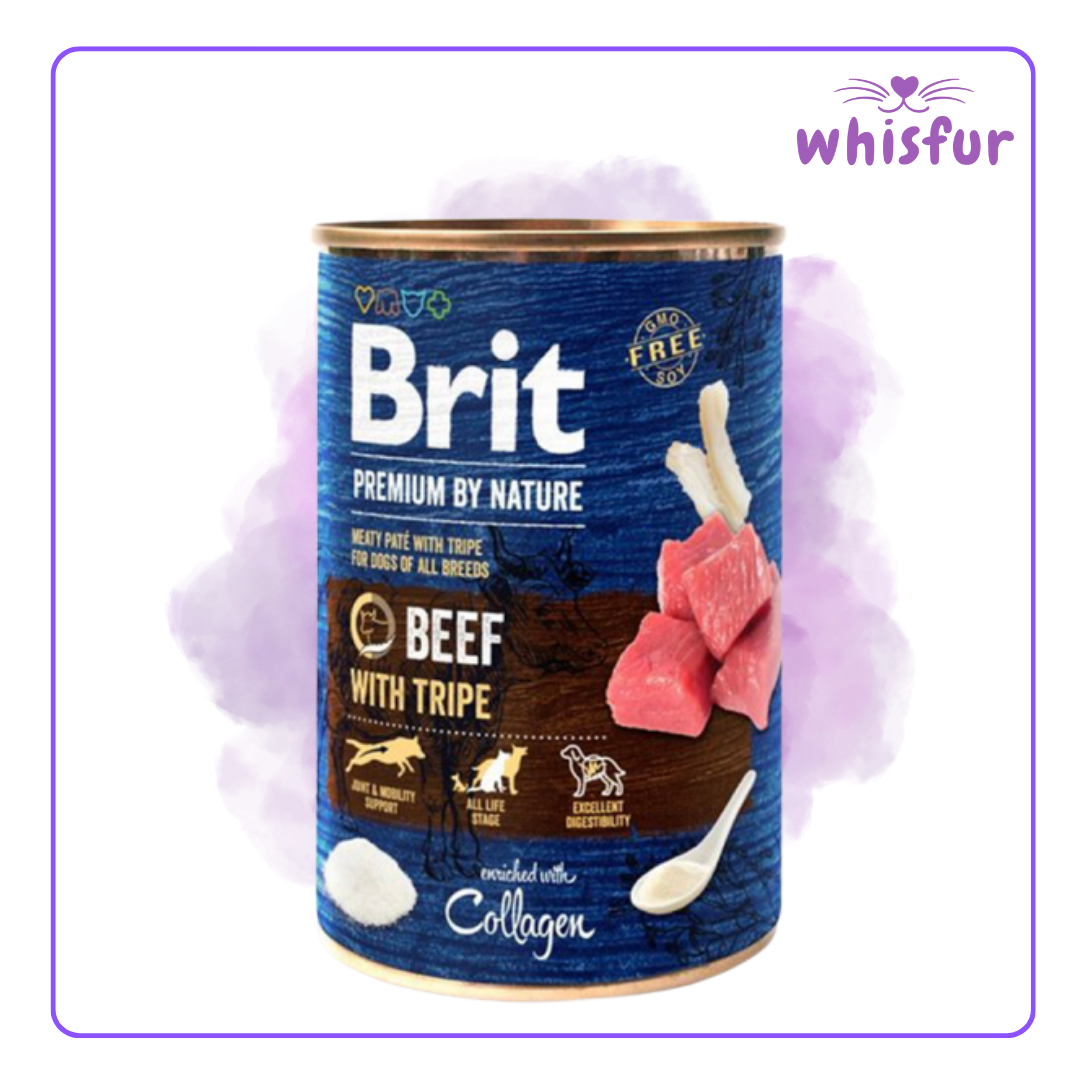 An Image of Brit Wet food for Dogs (can)400g beef with tripe with the logo of Whisfur Pet Supplies at the upper right corner.