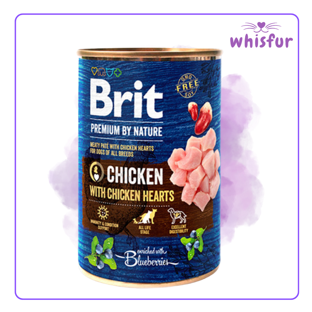 An Image of Brit Wet food for Dogs (can)400g chicken with heart with the logo of Whisfur Pet Supplies at the upper right corner.