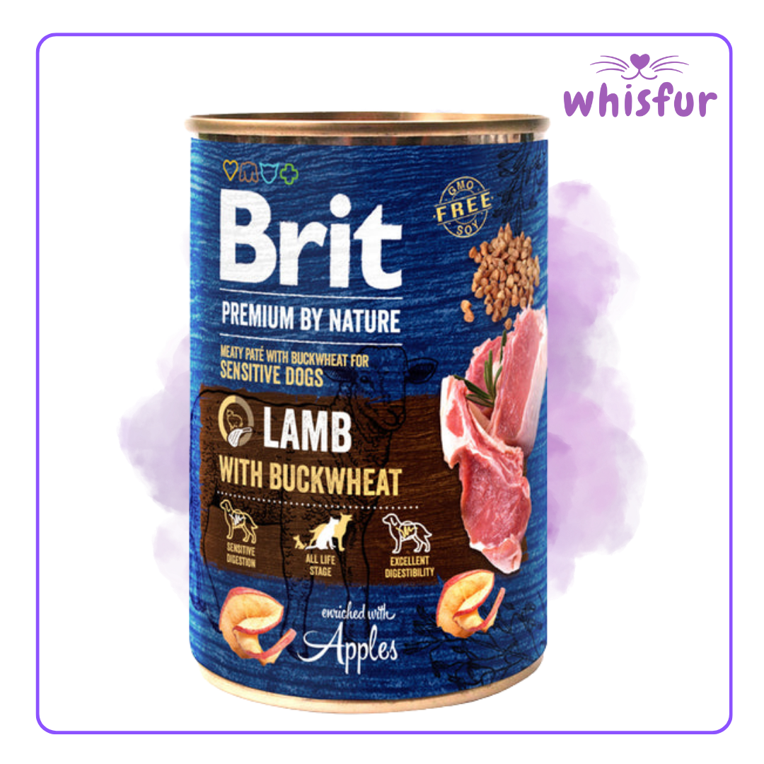 An Image of Brit Wet food for Dogs (can)400g lamb with buckwheat with the logo of Whisfur Pet Supplies at the upper right corner.