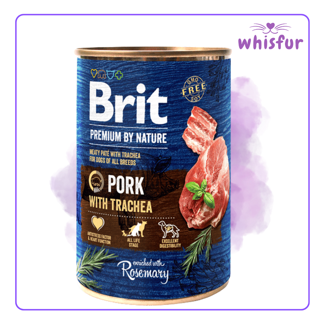 An Image of Brit Wet food for Dogs (can)400g pork with trachea with the logo of Whisfur Pet Supplies at the upper right corner.