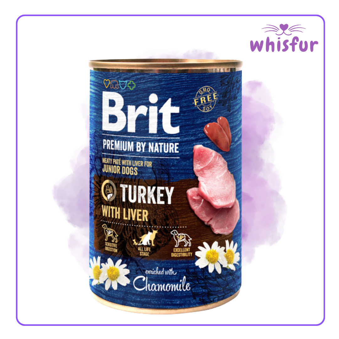 An Image of Brit Wet food for Dogs (can)400g turkey with liver with the logo of Whisfur Pet Supplies at the upper right corner.