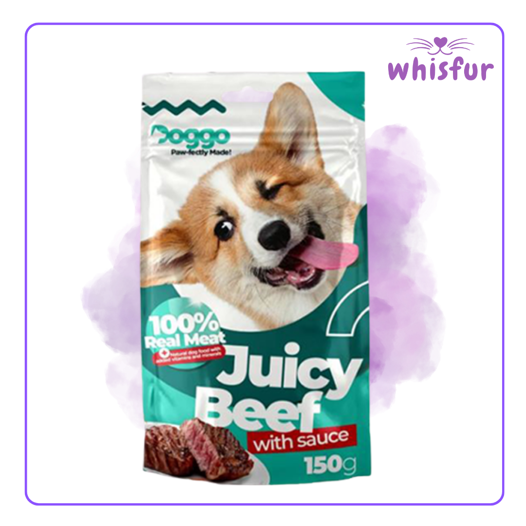 An Image of Doggo Wet Food for Dogs (pouch)150g beef with the logo of Whisfur Pet Supplies at the upper right corner.