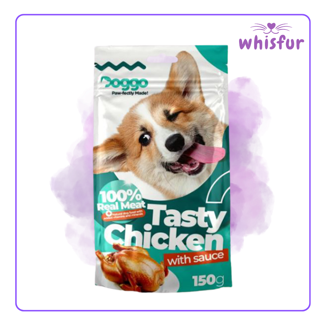 An Image of Doggo Wet Food for Dogs (pouch)150g chicken with the logo of Whisfur Pet Supplies at the upper right corner.