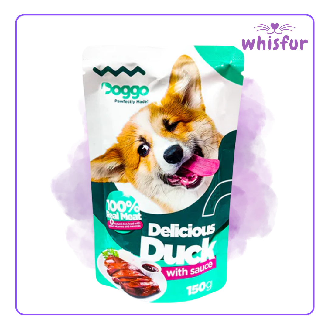 An Image of Doggo Wet Food for Dogs (pouch)150g duck with the logo of Whisfur Pet Supplies at the upper right corner.