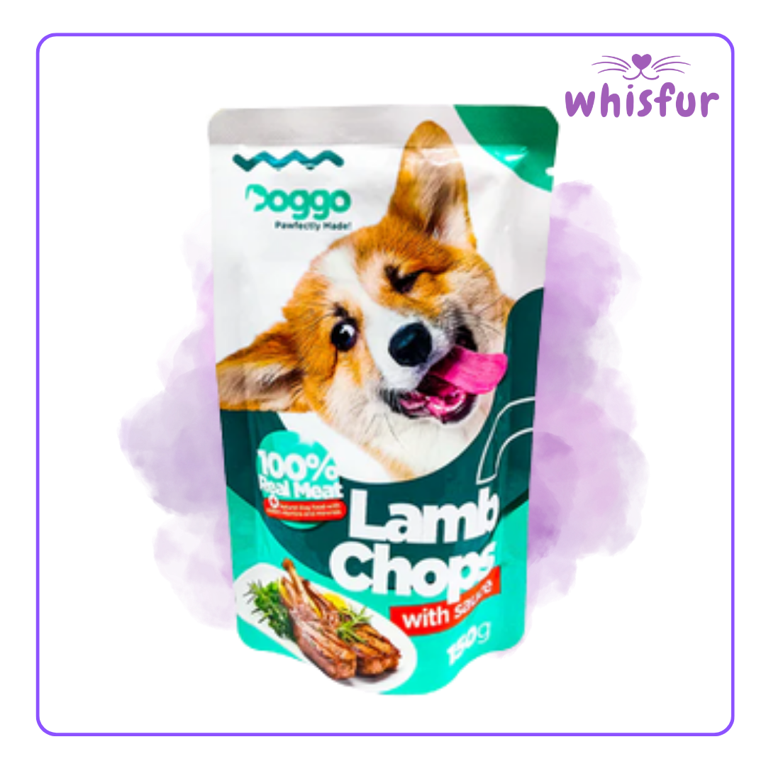 An Image of Doggo Wet Food for Dogs (pouch)150g lamb chops with the logo of Whisfur Pet Supplies at the upper right corner.
