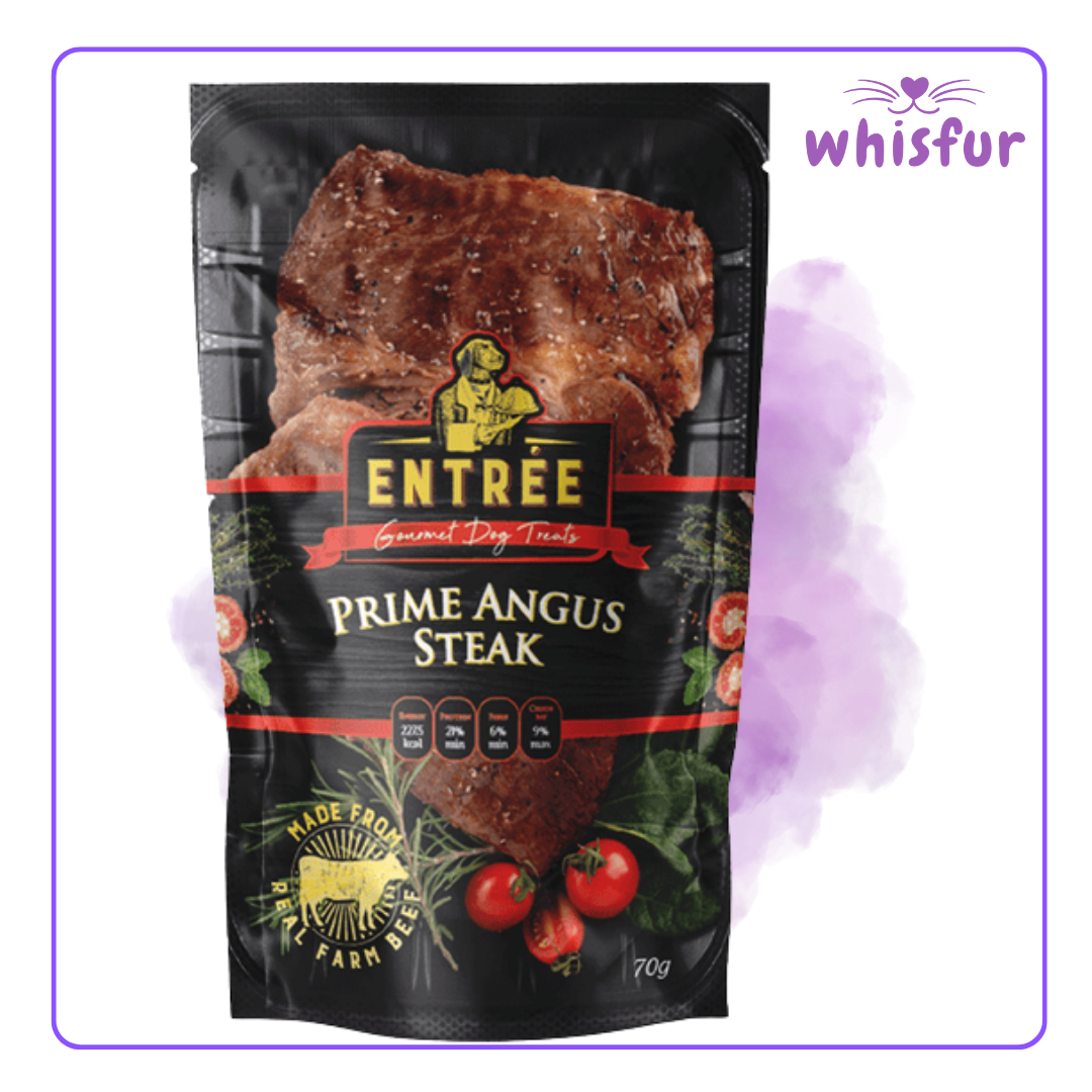 An Image of Entree Dog treats (pouch)70g angus steak with the logo of Whisfur Pet Supplies at the upper right corner.