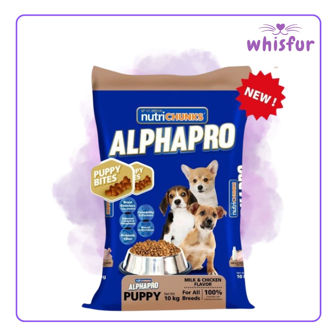 Package of NutriChunks Alphapro Puppy dog food with 'NEW!' label and 'Whisfur' branding.