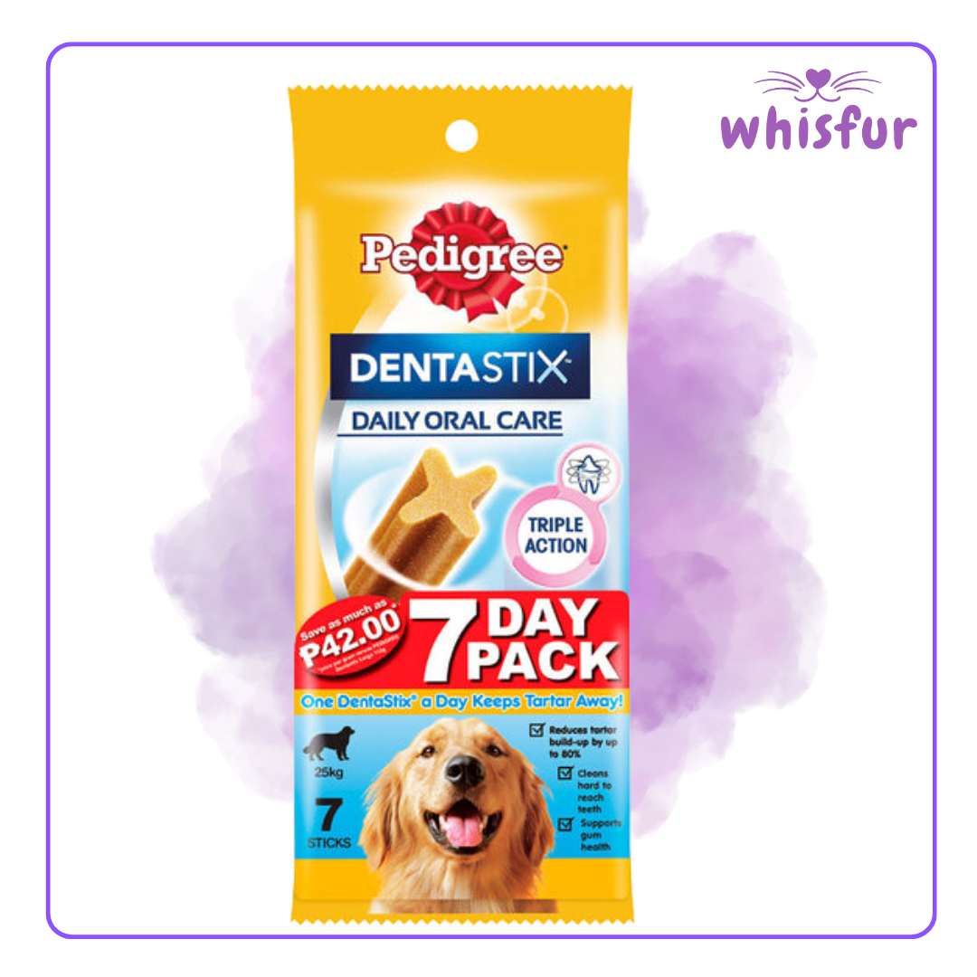 An Image of Pedigree Dentastix for Dogs (pouch)207g large 7 sticks with the logo of Whisfur Pet Supplies at the upper right corner.