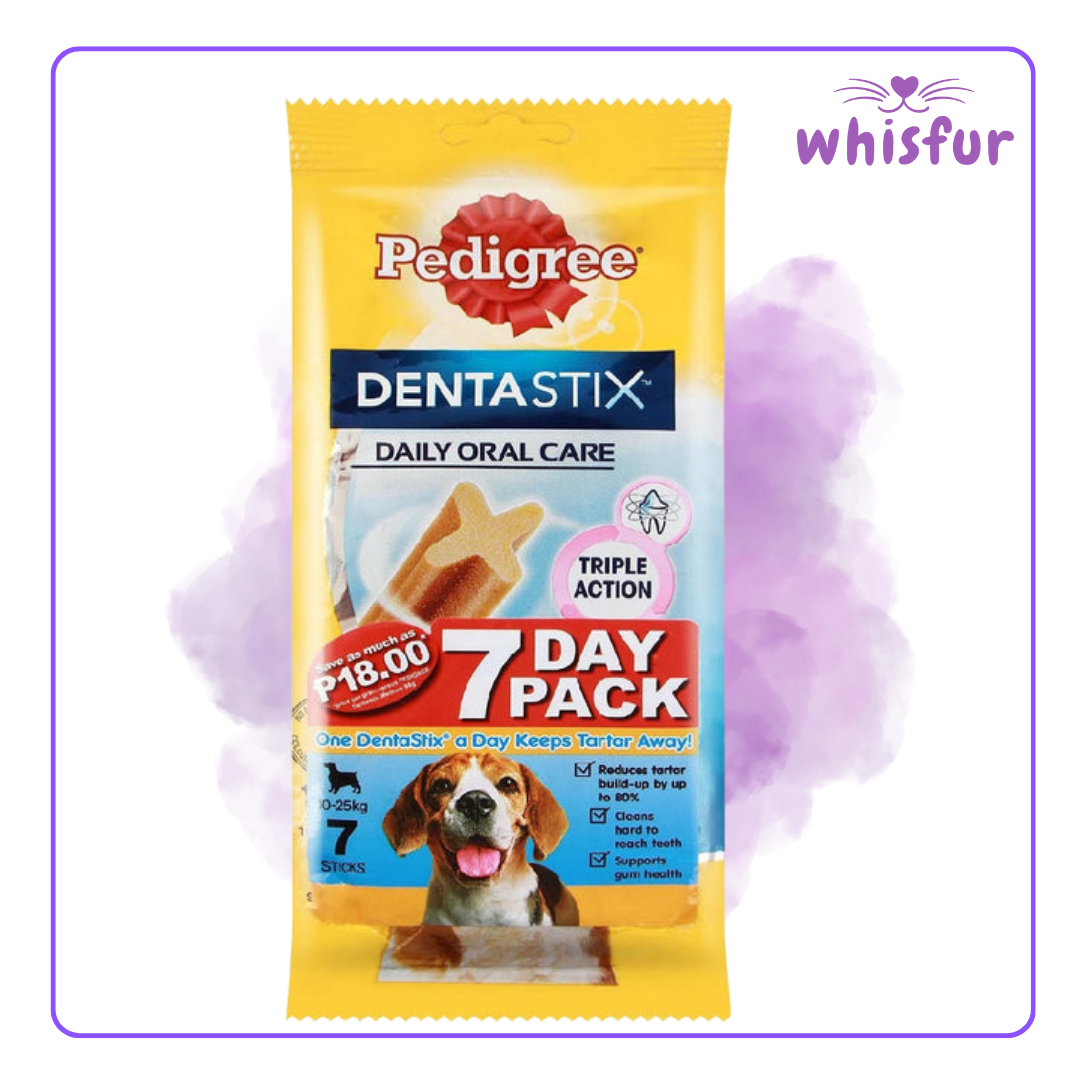 An Image of Pedigree Dentastix for Dogs (pouch)180g medium 7 sticks with the logo of Whisfur Pet Supplies at the upper right corner.