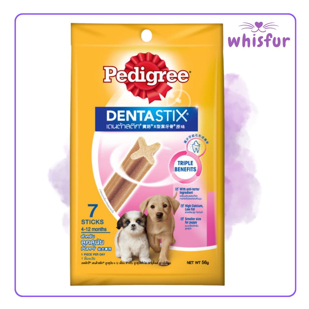 An Image of Pedigree Dentastix for Dogs (pouch)56g puppy 7 sticks with the logo of Whisfur Pet Supplies at the upper right corner.