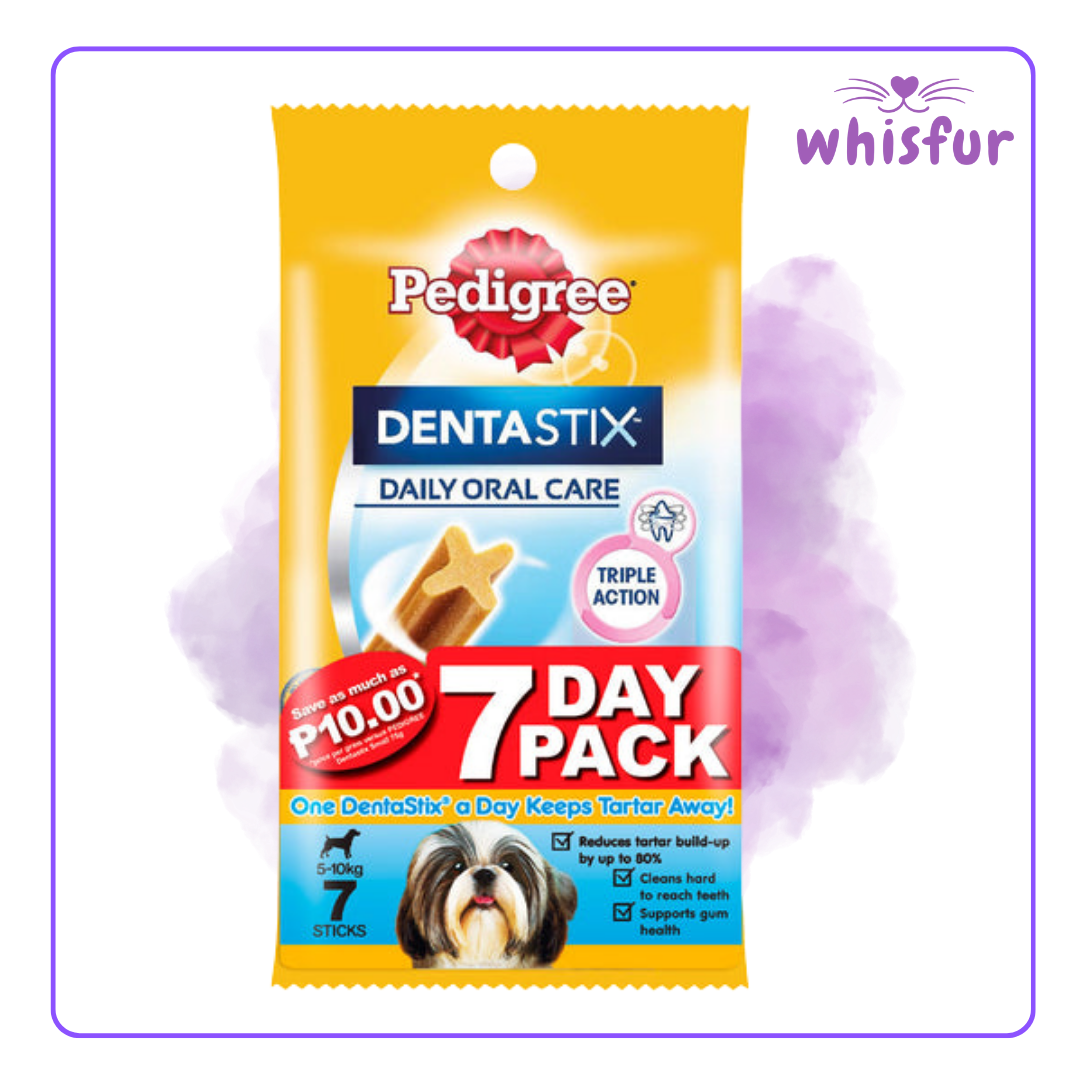 An Image of Pedigree Dentastix for Dogs (pouch)110g small 7 sticks with the logo of Whisfur Pet Supplies at the upper right corner.