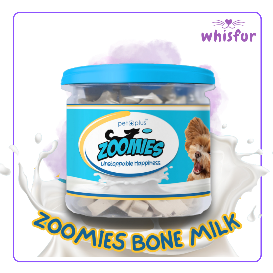 An Image of Zoomies Dog Treat 1 Tub 180G Milk with the logo of Whisfur Pet Supplies at the upper right corner.