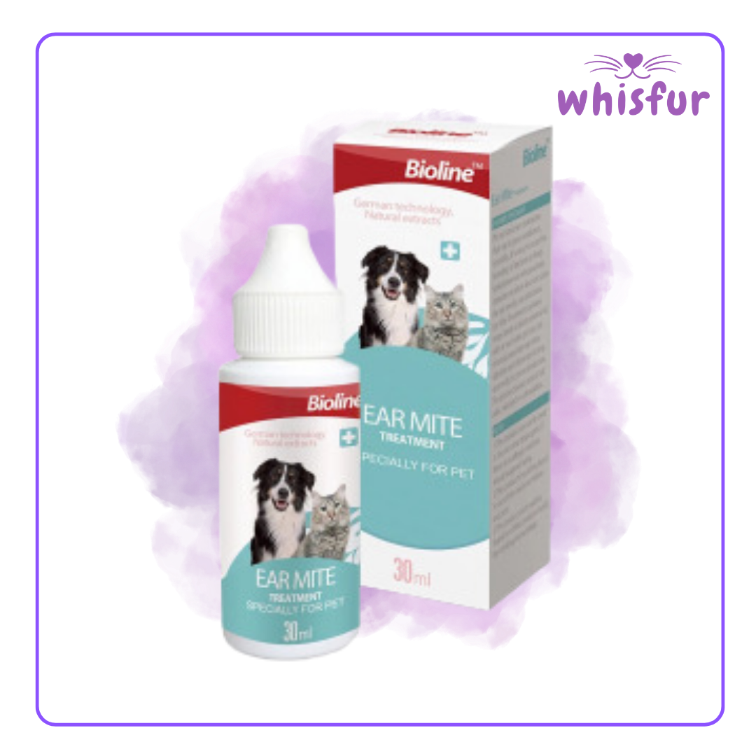 An Image of Bioline Ear Mite Treatment For Pet 1 Bottle 30Ml Small with the logo of Whisfur Pet Supplies at the upper right corner.